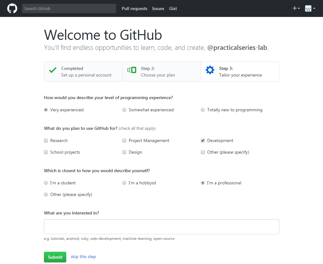 تکمیل حساب گیت هاب